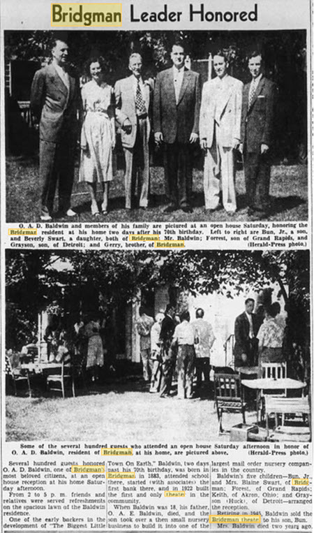 Bridgman Theatre - Owner Honored July 27 1953 (newer photo)